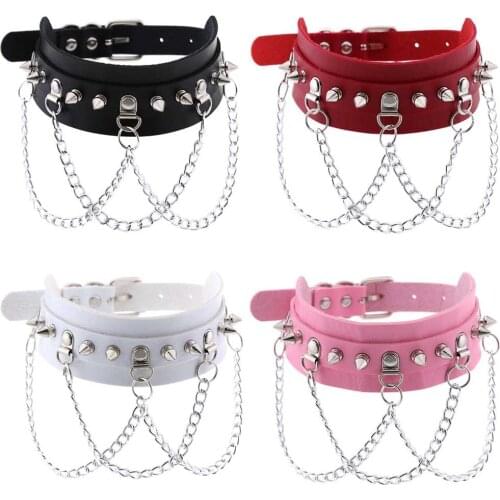 Gothic PU Leather Choker Necklace for Women Men Girls Boys - Punk Rock Choker Chain Metal Necklace for Halloween Party Costume
