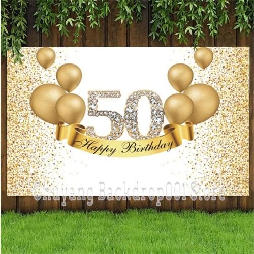 Glod 50th Backdrop Balloon Glitter Adults Lady Happy Birthday Party Custom Photography Background Decoration Banner Photo Studio