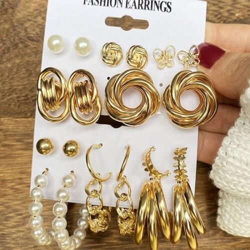 KISS WIFE Vintage Geometric Gold Metal Earrings Set For Women Punk Pearl Dangle Drop Earrings 2021 Trend Set of Earrings Jewelry