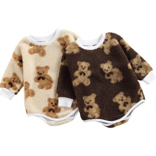 Infant Baby Girls Boys Jumpsuits , Kids Cartoon Bear Print Round Neck Long Sleeve Bodysuit for Spring Fall, 0-24 Months