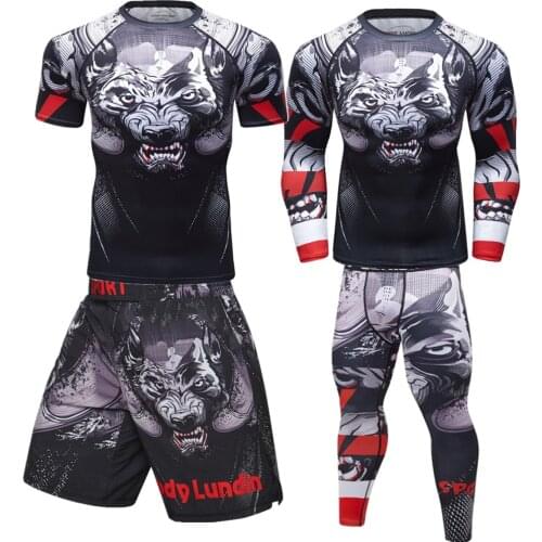 MMA BJJ Lycra T Shirts + Pants Rash Guard Fitness Tracksuit Boxing Jerseys Muay Thai Compression Men MMA Kickboxing Sports Suit