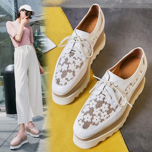 Flat Platform Shoes Women Casual Flats Single Shoes Summer Genuine Leather Lace Up Hollow Flower Mesh Boats Shoes Loafers Shoe