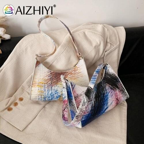 Fashion Women Line Printing PU Leather Shoulder Underarm Hobos Bag Casual Ladies Top-handle Small Handbag
