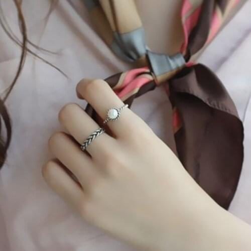 Fashion 2PCS/set Vintage Antique Silver Color Twisted Woven Inset Imitation Pearl Opening Rings Sets For Girl Simple Rings