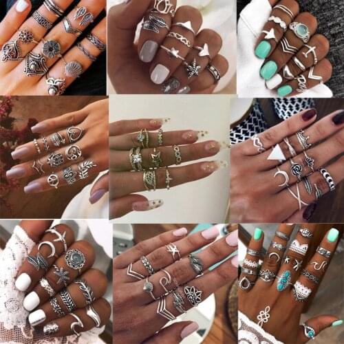 20 style Bohemian Midi Finger Rings Sets for Women Vintage carved heart moon Flower Hollow Out Sliver Knuckle Rings Jewelry Gift