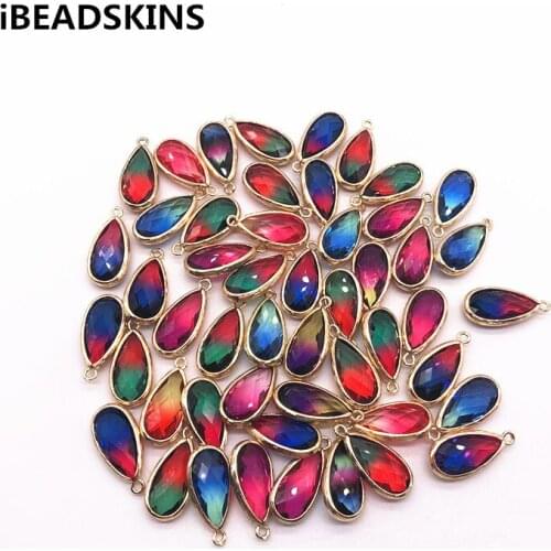 New arrival! 25x12mm 30pcs/lot gold color Copper Material with Glass Double color effect drop-shape charm for Jewelry handmade