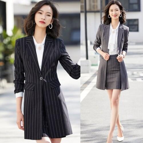 Formal Black Striped Blazer for Women Skirt Suits Long Jacket Ladies Work Wear Business Office Uniform Styles
