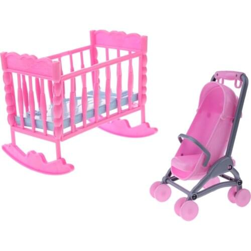 Plastic Miniature Cradle Bed+Stroller Dollhouse Accessories for Dolls