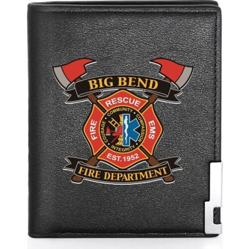 High Quality Luxury Big Bend Fire Department Printing Leather Wallet Credit Card Holder Short Male Slim Purse For Men