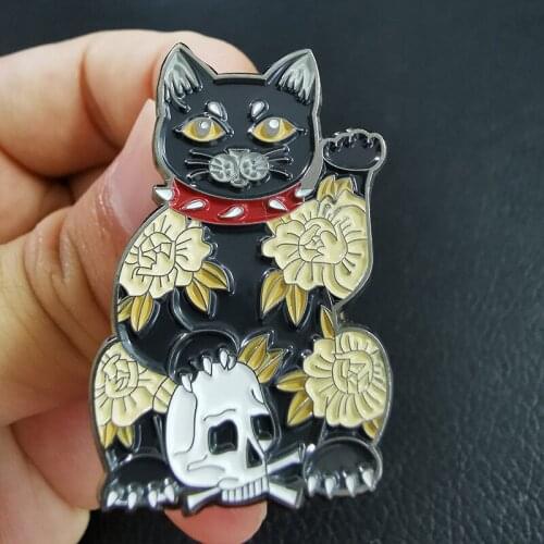 Lucky Cat With Skull and Flowers Brooch Black Kitten Badge Perfect Unisex Decor