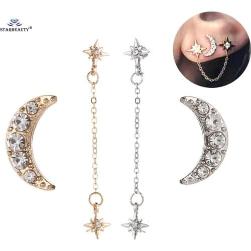 2 pcs/lot Cool Rhinestone Moon Earring Stud Star Ear Piercing Helix Piercing Oreja Cartilage Tassel Tragus Earrings Ear Jewelry