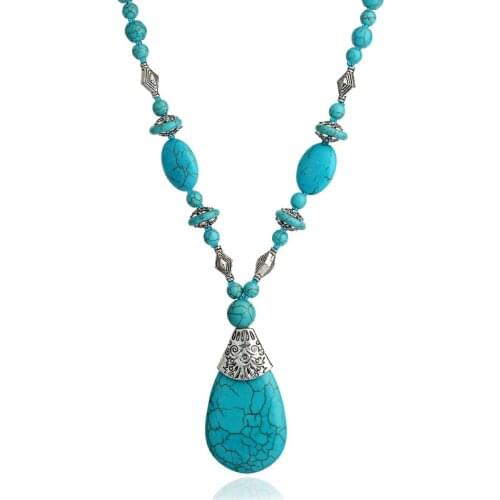 Vintage Silver Plated Turquoises Stone Pendant Necklace Bohemia Jewelry Statement Water Drop Metal Pendant Womens Necklace