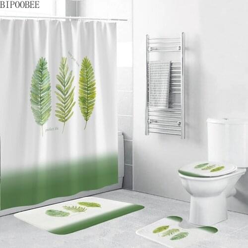 Green Leaves Printed Shower Curtain Waterproof Fabric Bathroom Curtains Durable Bath Mats Set Pedestal Rugs Flannel Toilet Cover