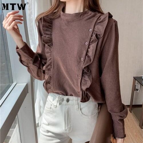 Women Autumn White Shirt Blouse 2020 Korean Stand Collar Long Sleeve Chic Tops Elegant Solid Ruffle Office Shirts