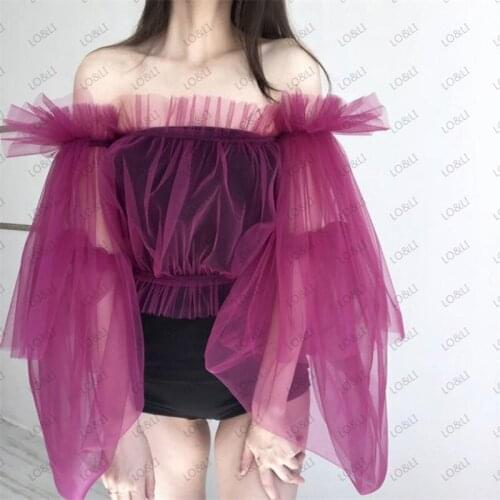 Short Violet Purple Tulle Blouse Women 2021 Short Ruffle Half High Hollar Top For Street Photo