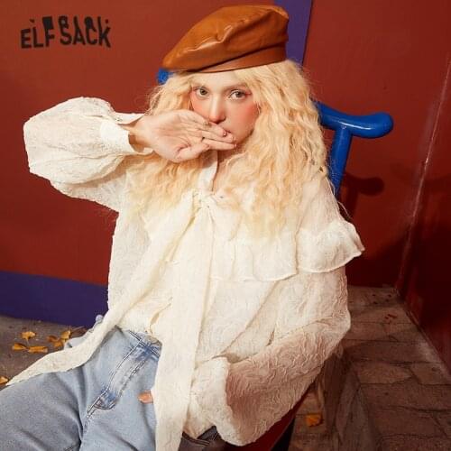 ELFSACK Solid Pure Chic Single Breasted Casual Chiffon Shirt Women,2021 Spring Vintage Full Sleeve,Korean Ladeis Daily Sweet Top