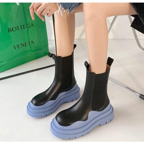 Black White Platform Women Shoes Genuine Leather Slip On Ankle Boots Fashion Mixed Colors Square Heel Autumn Winter Boots Woman