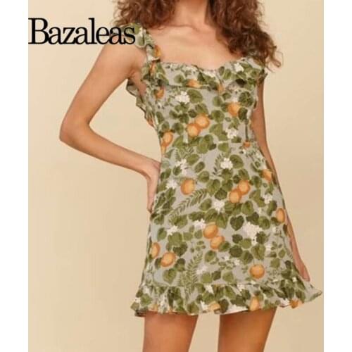 2021 women summer green Lemon Floral Print Dress Retro Dresses ruffle strap spaghetti Women Midi Dress