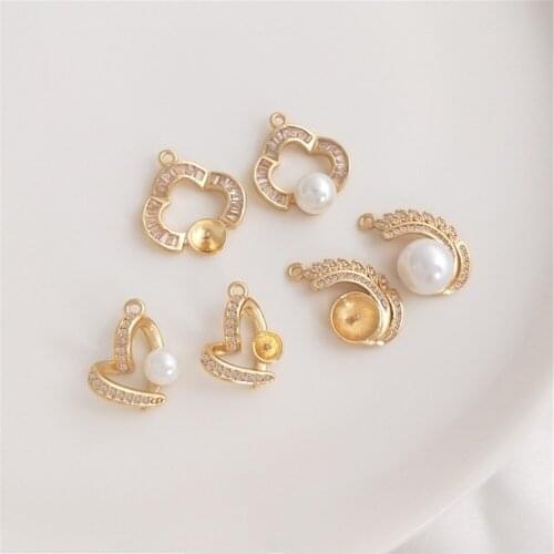 14K Gold Filled Micro-inlaid zircon heart shape finch tail four-leaf clover half hole bead pendant DIY necklace pendant