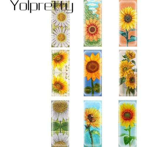 5pcs10*25mm Rectangular Glass Cabochon Sunflower Paintings Semi Finished Mixed Jewelry Findings Making Component Accessoriesv