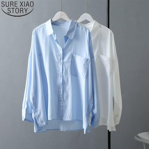 Long Sleeve White Shirt 2021 Casual Loose Blouses Tops Clothes Fashion Women Stand Collar OL Style Button Up Shirt Blusas 16306