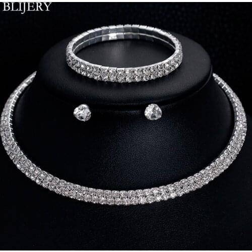 BLIJERY Classic Rhinestone Crystal Choker Necklace Earrings Bracelet Bridal Wedding Jewelry Sets for Women Wedding Accessories