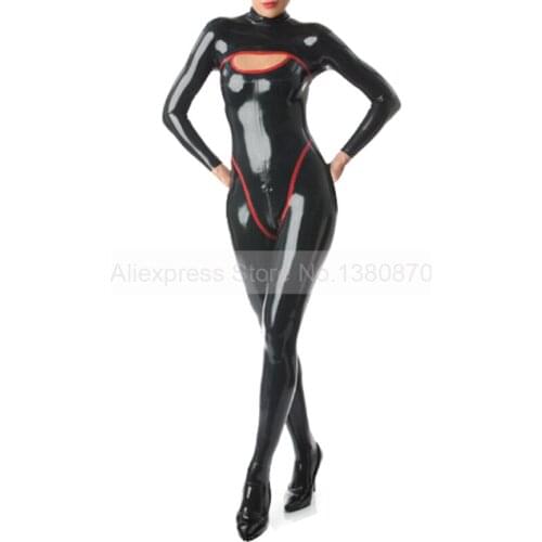 Female Latex Rubber Bodysuit Chest Hollow Design Catsuit Socks Attached Suit Handmade S-LC345
