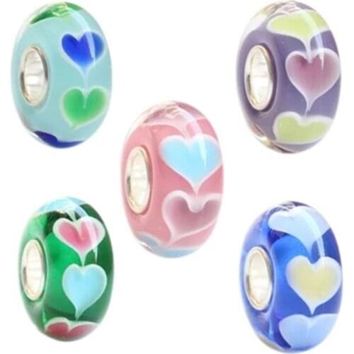 Emith Fla 100% 925 Sterling Silver Heart-Shaped Charm Bead Fit European Bracelet Bangle Jewelry DIY Accessories 7 Colors