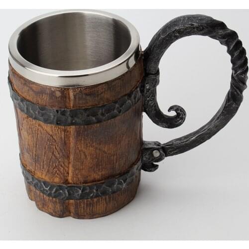 Simulation Crude Wooden Mug 3D Stainless Steel Resin Beer Mug Tankard Coffee Barrel Cup Wine Mugs 650ml Geeks Gift Wood Cups