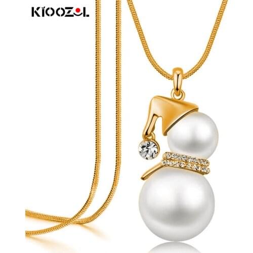 KIOOZOL Snowman Shape Solid Pearl Pendant Micro Inlay CZ Gold Silver Color Long Necklace Christmas Jewelry Gift 386 KO3