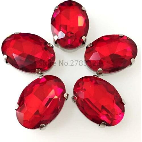 Red color Silver base four claw Handmade sew on rhinestones,Oval shape crystal glass rhinestone diy/Garment accessories