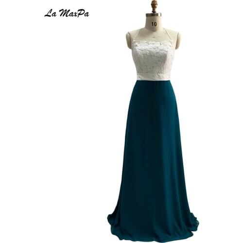 Ivory Lace Top Teal Blue Chiffon Long Bridesmaid Dress CMT95