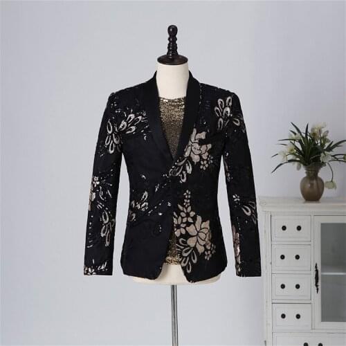 Floral Embroidery Jacket Slim Fit Men Black Blazer Casual Coat for Singer Fashion Outfit