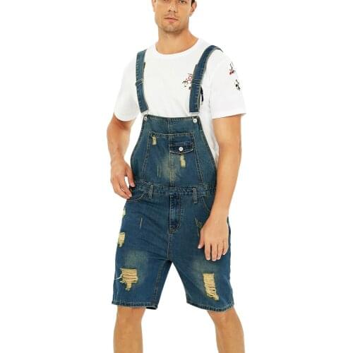 Sokotoo Mens plus size knee length ripped denim bib overalls shorts Summer holes blue distressed jumpsuits Jeans