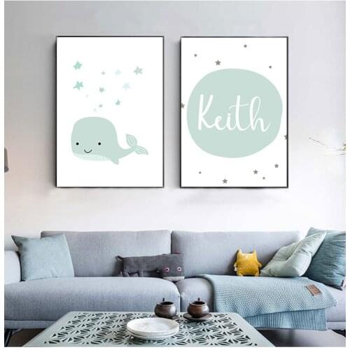 Custom Name Baby Nursery Wall Art Canvas Painting Cartoon Whale Print Nordic Kids Decoration Picture Boys Bedroom Decor