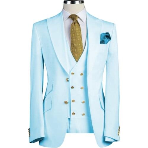 Brand New Men Suits Light Blue Groom Tuxedos Peak Lapel Groomsmen Wedding 3 Pieces ( Jacket + Pants + Vest + Tie ) D253