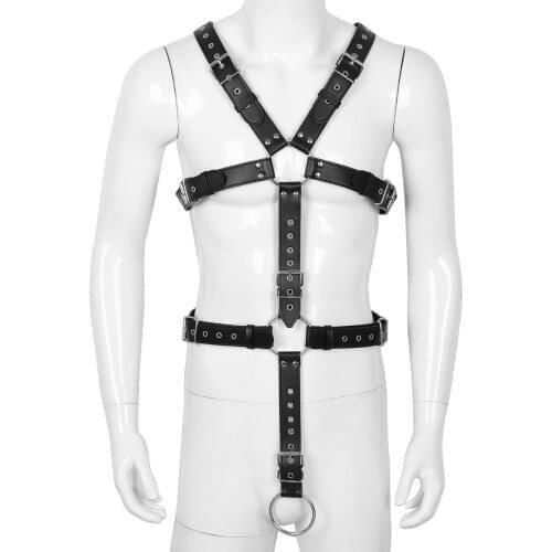 PU Leather Full Body Sexy Men Harness Belts with Metal Rings Hot Sexy Lingerin Male Gay Erotic Costume Bondage Straps Club Rave