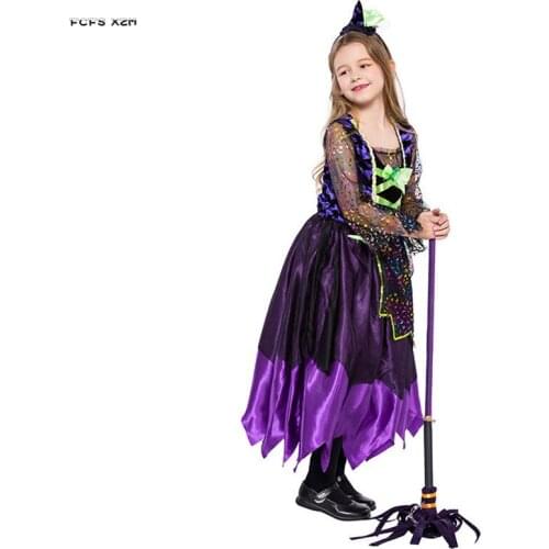 S-L Purple Girls Halloween Sorceress Costume for Children Kids Magician Witch Gown Cosplay Carnival Purim stage show party dress