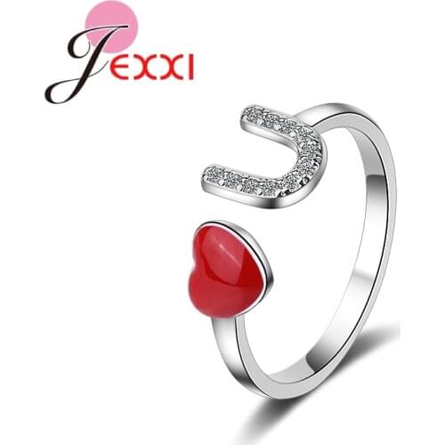 Sweet Love You Red Heart Opened 925 Sterling Silver Women Girls Finger Rings Paved Crystals For Engagement Party Jewelry
