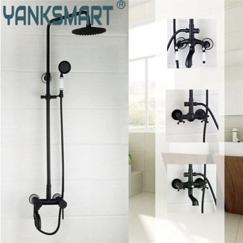 YANKSMART New Arrival Bathroom Black Shower Set Wall Mounted 8" Rainfall Shower Mixer Tap Faucet 3-functions Mixer Valve