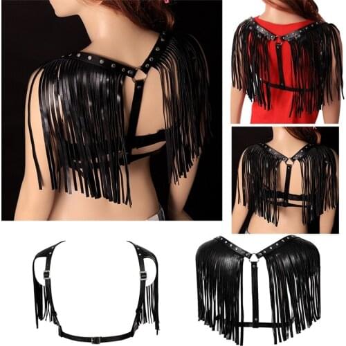 Womens Fashion Sexy Back Tasseled Leather Open Bust Harness Bandage Binding Belt Adjustable Waist Straps Prom Lingerie Wear