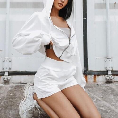 Women Casual Hoodie Suits Zipper Long Sleeve Crop Sweatshirt And Elastic High Waist Shorts Two Piece Sets Sport Solid Tracksuit
