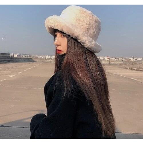 Winter womens thickened imitation rabbit fur flat top Japanese fisherman hat basin hat all-match solid color warmth thickened i