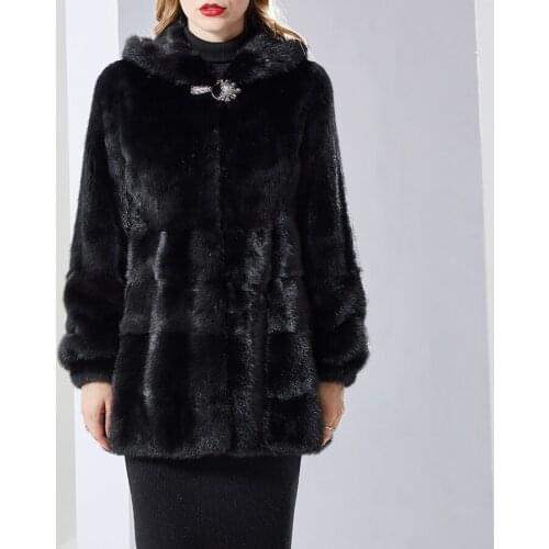2018womens genuine winter fahion Mink fur coat full pelt mink coat collar with hood lady black medium long style