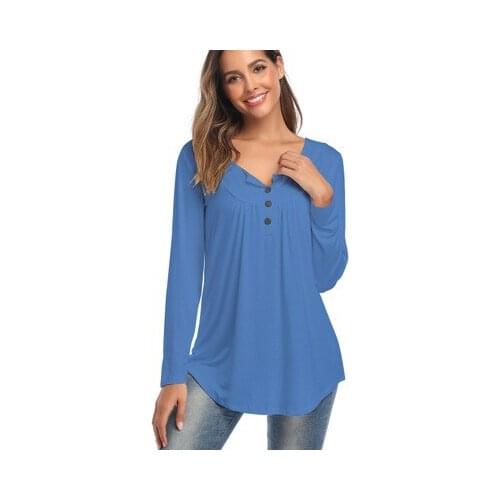2021 Autumn New Style Plus Size Womens V-neck Button Long-Sleeved Shirt Solid Color Pleated Loose T-shirt Casual Loose T-shirt