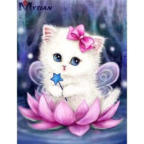 5D DIY Square Round Diamond Embroidery White Cat and Lotus Diamond Painting Cross Stitch Kits Full Drill Mosaic Home Decoration