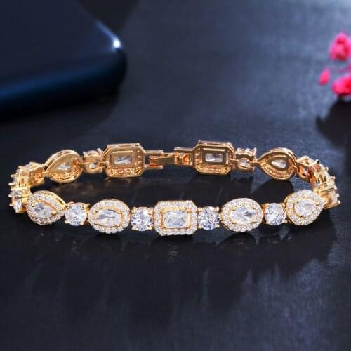 BeaQueen Luxury Indian Gold Color Square Round Cubic Zirconia Stones Bracelet for Women Wedding Jewelry Party Accessories B217