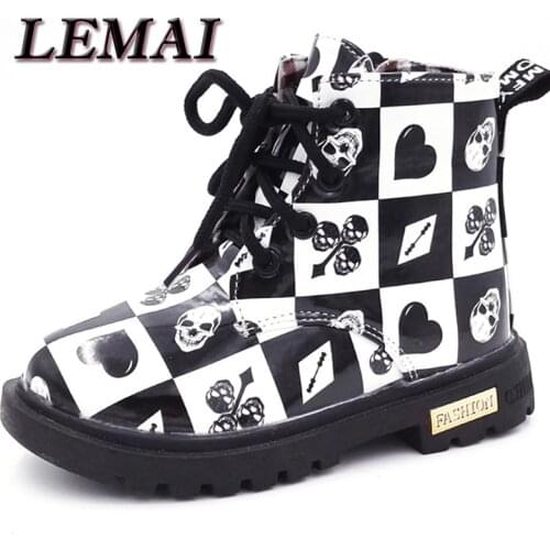 LEMAI KIDS Boots Shoes For Boys Girls Pu Leather Boots Fashion Lattice Waterproof Rubber Sole Boots KidsSnow Boots Shoes