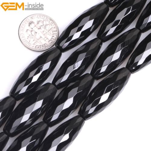 Gem-inside 10-30mm Natural Faceted Olivary Black Agates Stone Beads For Jewelry Making Bracelet Necklace 15inch DIY Beads