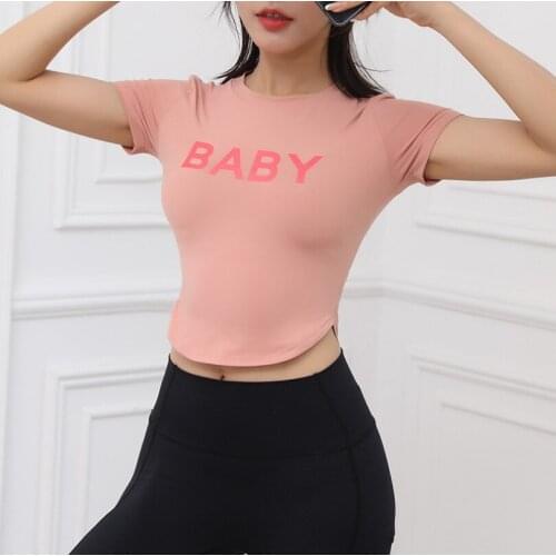 Baby letter round neck sports T-shirt womens tight elastic quick dry running fitness top slim Yoga short sleeve